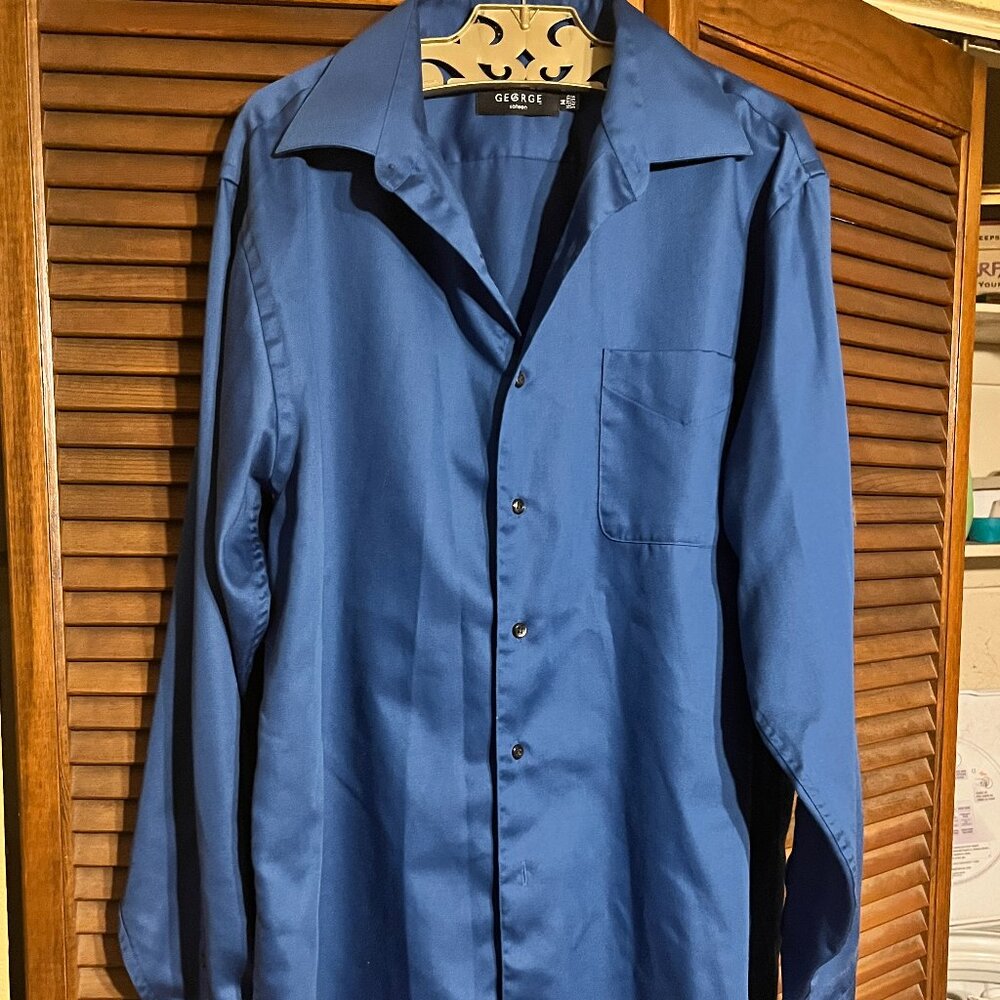 George Sateen Wrinkle Resistant Blue Button Up Shirt Men’s M 15–15.5